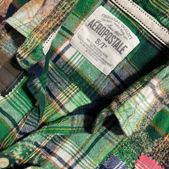 UpcycledAeropostale Green Plaid Bleached Flannel Denim Vintage Fabric Patchwork - Picture 5 of 8